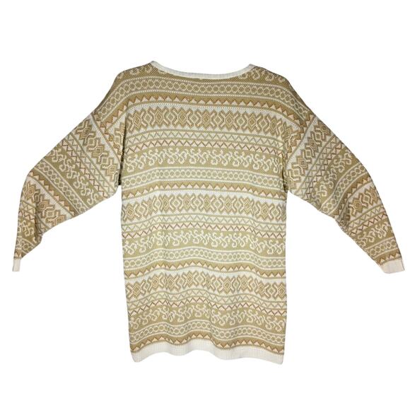 Vintage Beldoch Popper Womens Large Tall Tan and Ivory Fair Isle Knit Sweater - Picture 2 of 7